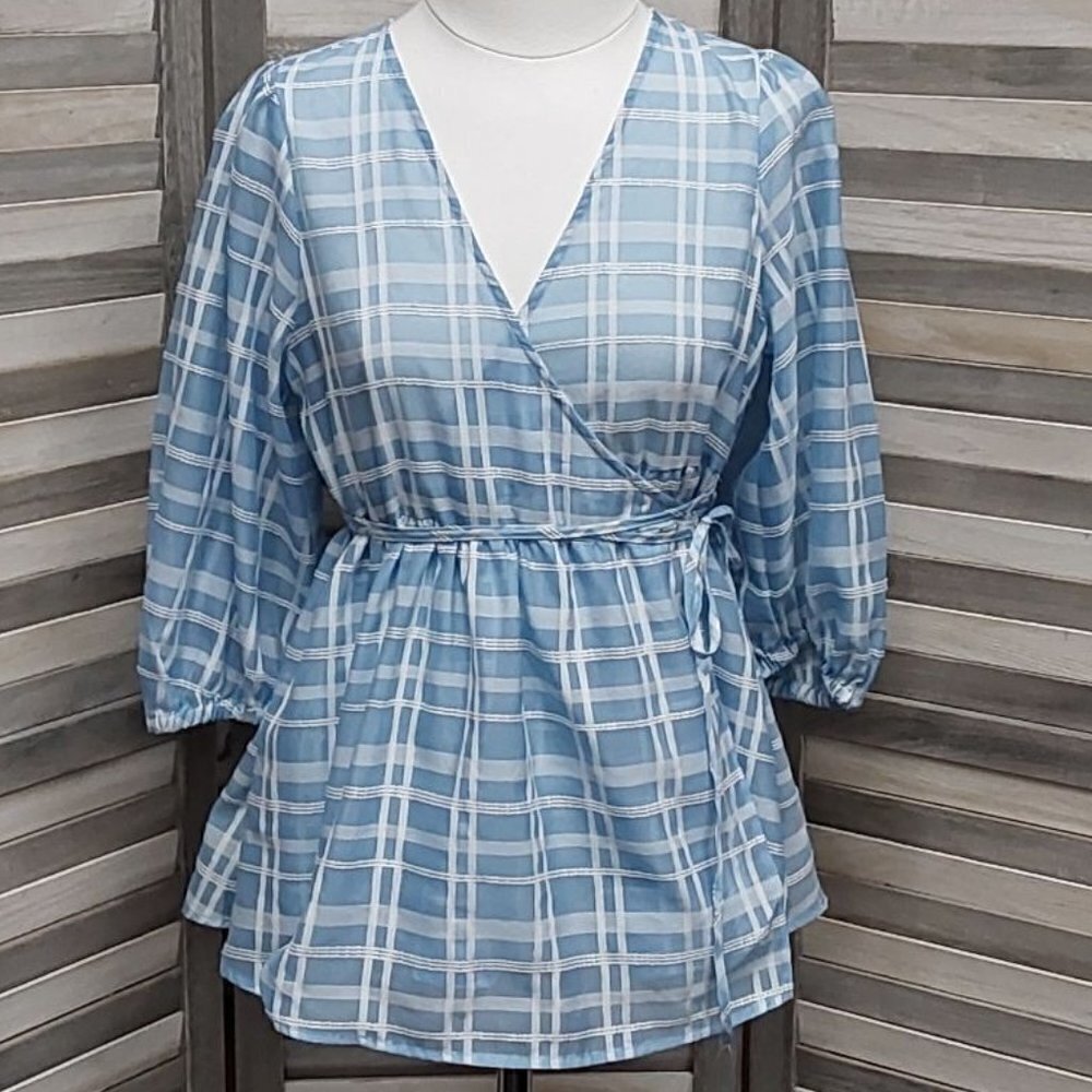 Blue Sheer Gingham Puff Sleeve Wrap Blouse | Future Collective | Medium